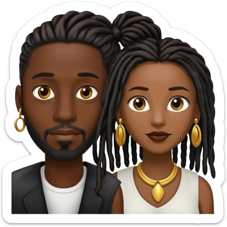 Dark skin black man with black short locs and goatee with a black women brown long locs and gold earrings  sticker