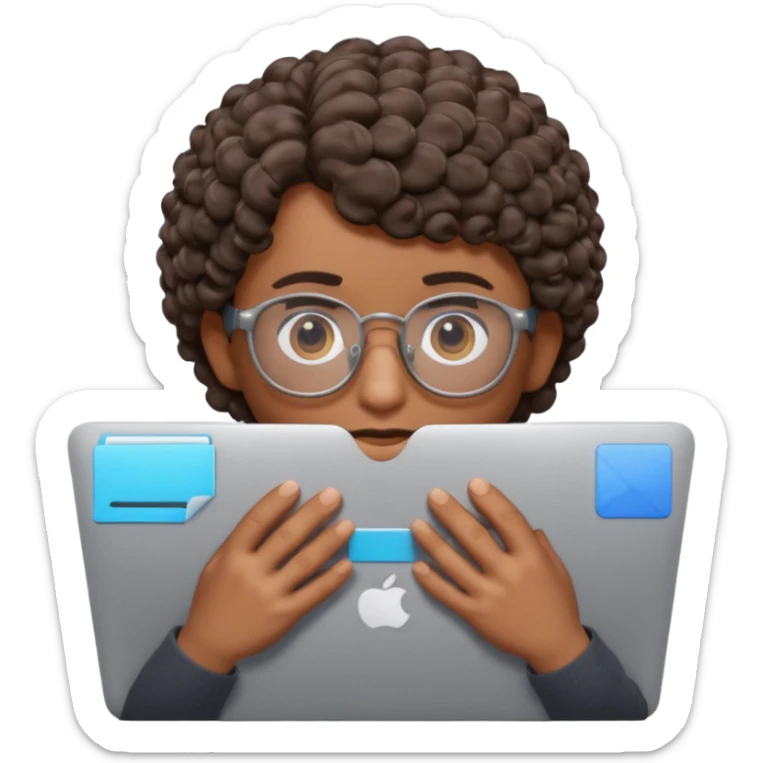 3D Apple Memoji–style emoji, brown-skinned male character, short curly hair, thick glasses, calm focused eyes, peeking over silver laptop, transparent PNG, 4K. sticker