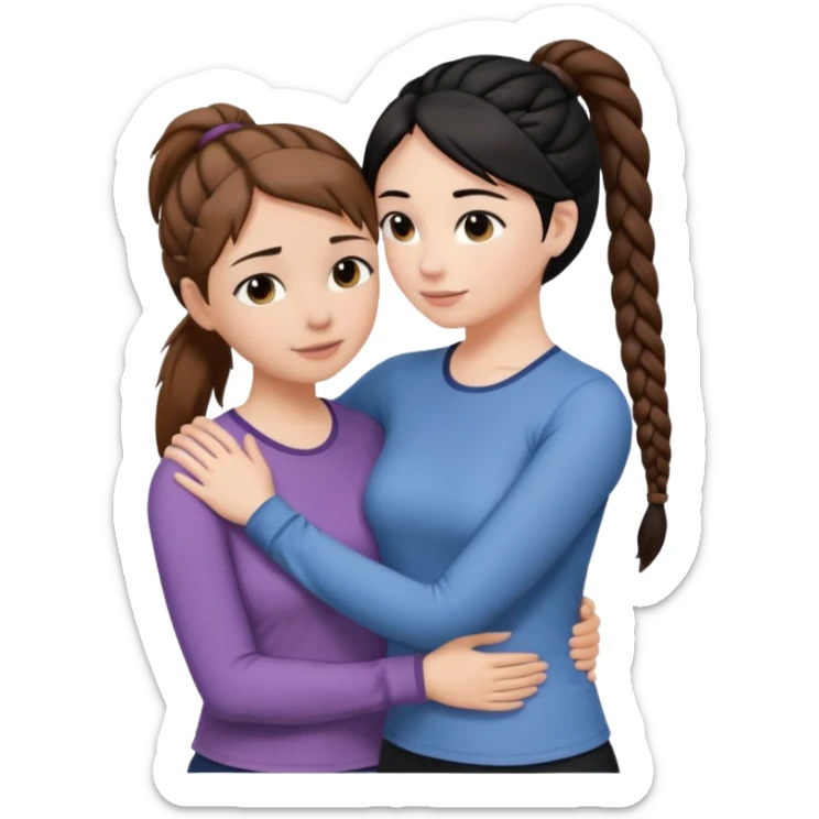 Comforting Hug two white skin women, one shorter woman with brown hair in simple top ponytail, not braided, and one taller woman with black hair in long side braid sticker
