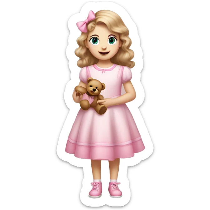 Little Girl with White skin, blue eyes. Light brown hair with pink bows in it.  She is wearing a pink and White dress, standing and holding on to a teddybear with a pink bows. sticker