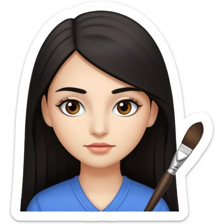 Girl with very long straight dark hair with brows done and holding a lash brush  sticker