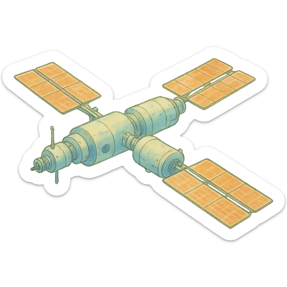 ghibli style illustration of Tiangong orbital station with soft colors sticker