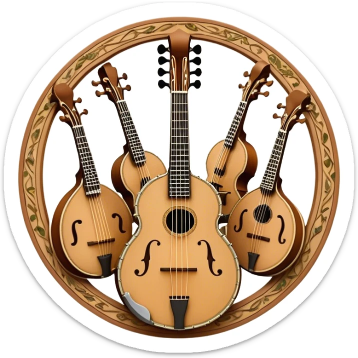 Design a sophisticated and festive emblem-like emoji representing plucked and stringed instruments. The layout should resemble a heraldic crest, featuring iconic instruments like a banjo, mandolin, domra, and sitar, artistically arranged in an elegant and symmetrical way. The necks of the instruments should be intertwined with a flowing ribbon of musical notes, winding around the strings and fretboards. The design should be detailed, showcasing the intricate carvings on the instruments, visible strings, and fret markers. Use a rich color palette with deep golds, browns, and vibrant accents to evoke a sense of luxury and celebration. The musical notes should appear to float around the instruments, connecting them in a graceful, dynamic way. Include ornate flourishes or decorative elements like laurels, swirls, or subtle engravings to give the image a professional, emblematic appearance. The background should be transparent. sticker