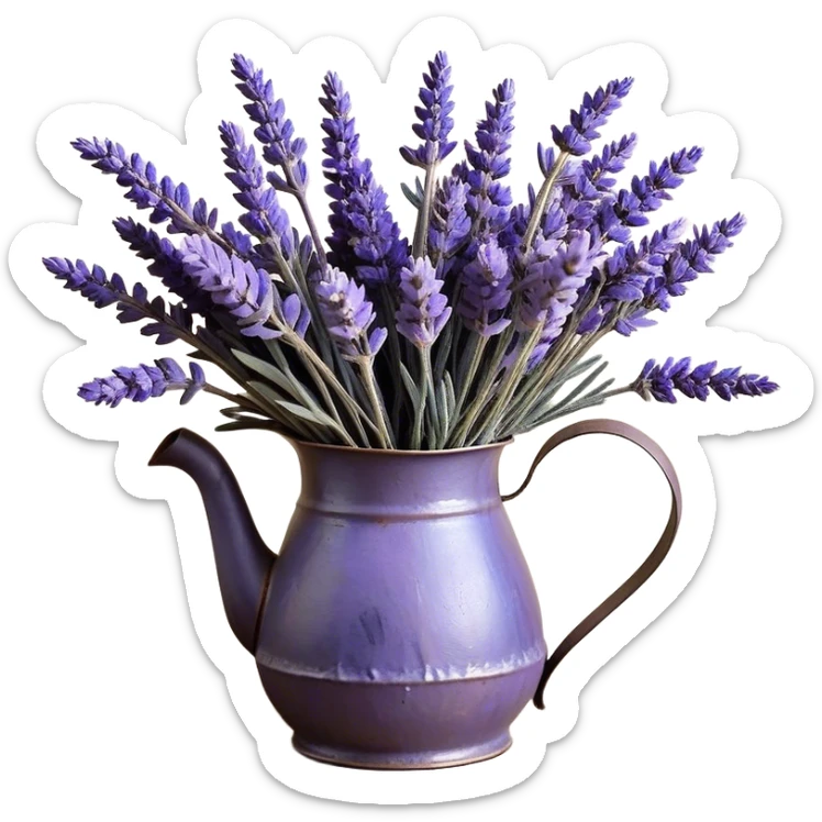 An overflowing bouquet of dried lavender, arranged in a weathered metal pitcher with a patina of age, displays a harmonious blend of dusky mauve, soft periwinkle, and rich indigo hues. A frayed velvet ribbon in deep violet wraps loosely around the handle, as stray lavender stems spill over the edge, filling the air with their soothing fragrance.
 sticker