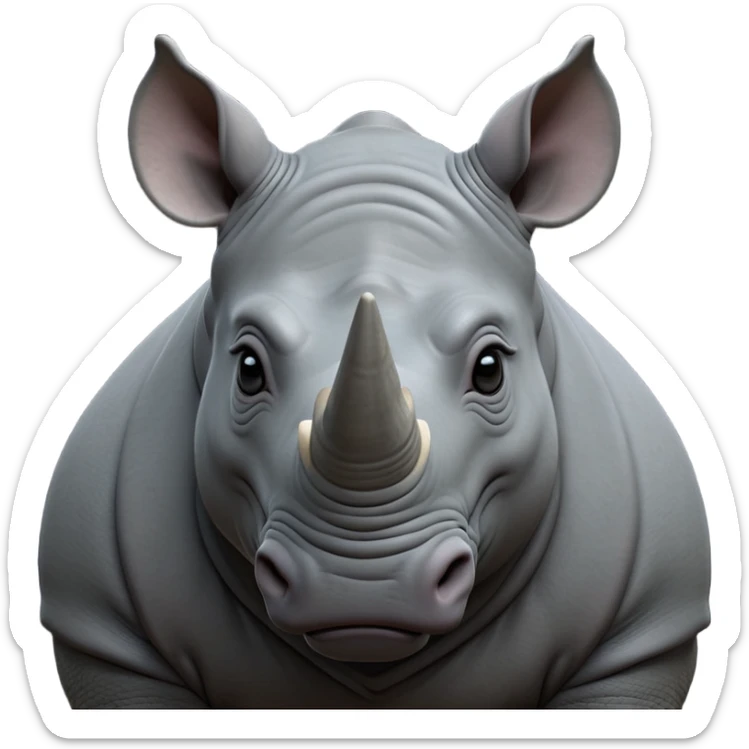 cinematic-noble--rhinoceros-portrait-emoji,slate-grey-hide--poised-and-regal,-with-a-massive,-powerful-build-and-a-thick, -deep-set-soulful-piercing-eyes,-simplified-yet-sharp-and-sophisticated-features,-highly-detailed,-large-black-eyes, zoomed out showing shoulders, large white horn  sticker