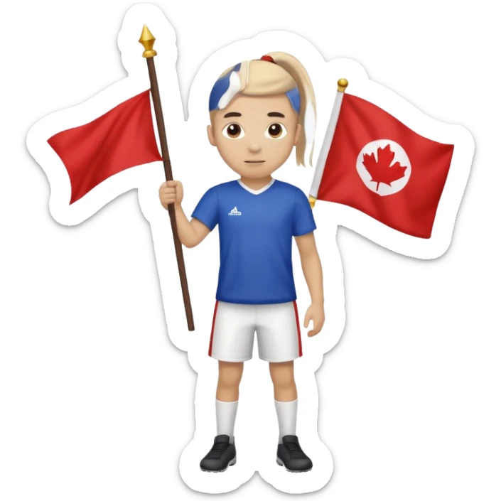 A pony tail hair boy holding a big team flag, waving it proudly with a determined expression. sticker