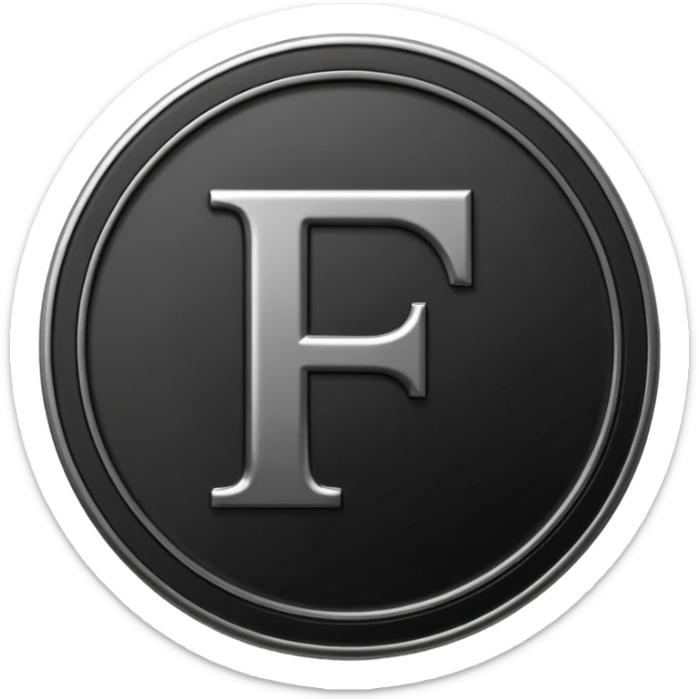 Emoji icon of a black coin with engraved letter F, minimalist style, isolated, no color sticker