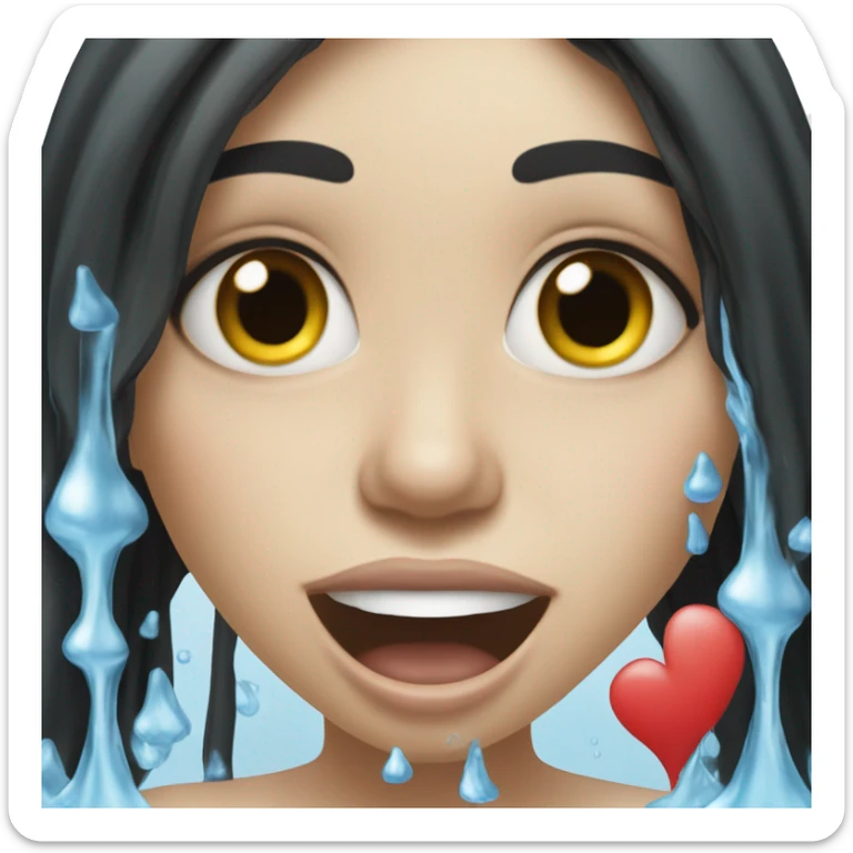 Emoji of a black-haired, white-skinned girl with water coming out of her mouth and hearts coming out of her head. sticker
