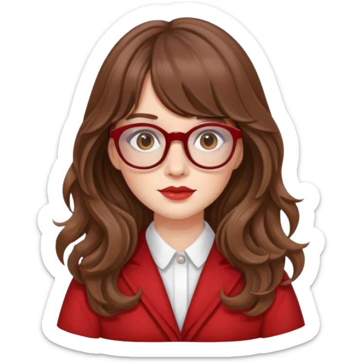 White skin Girl with brown long wavy hair with curtain bangs and brown glasses wearing red sticker