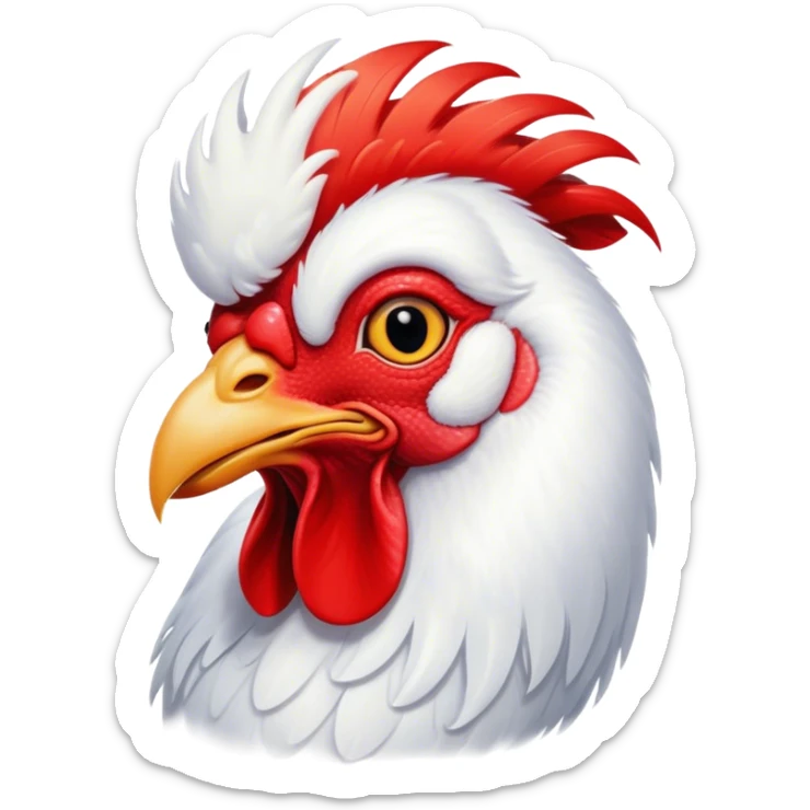 Cinematic Cute White Rooster Portrait Emoji, Head tilted playfully and inquisitively, featuring a glossy, immaculate white plumage with a vibrant red comb, round, sparkling eyes filled with curiosity, Simplified yet irresistibly adorable features, highly detailed, glowing with a warm, friendly glow, high shine, affectionate and spirited, stylized with a touch of farmyard whimsy, bright and endearing, soft glowing outline, capturing the essence of a mischievous yet loving rooster, so playful it feels like it could strut out of the screen and into your arms! sticker