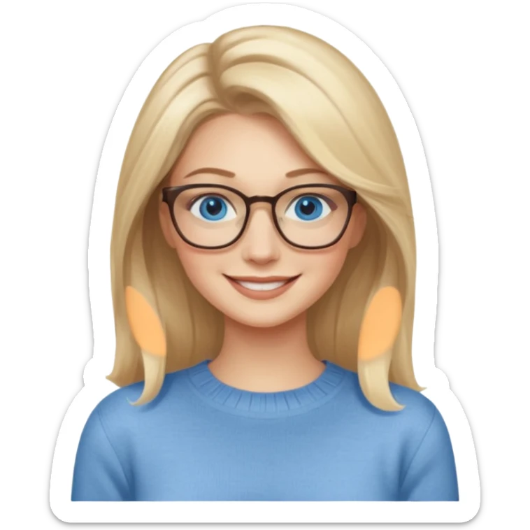 hyper realistic glamourous pale woman, Long blonde balayage hair, smiling, beige sweater, blue eyes and glasses sticker