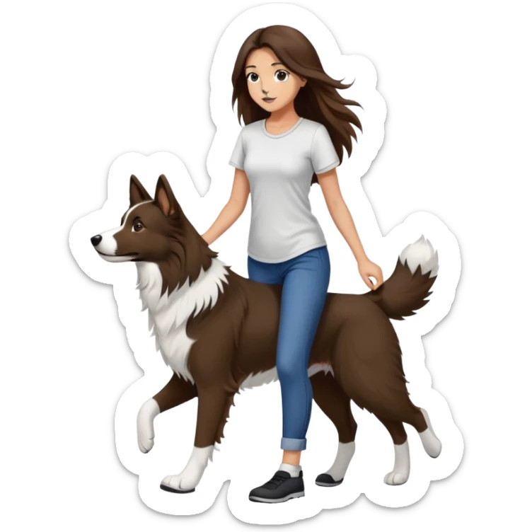 A beautiful girl with long brown hair and wearing a tight short-sleeved shirt is walking a black and white Border Collie sticker