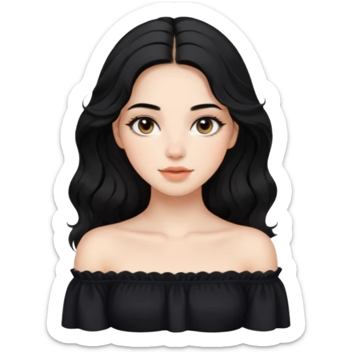 A realistic 3D avatar of a young woman with a soft oval face, slim cheeks, natural almond eyes, long wavy black hair, minimal makeup, wearing a black off-shoulder top, elegant and aesthetic, not cartoonish. sticker