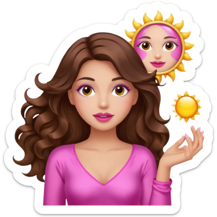 girl with long wavy brown hair, brown eyes, long lashes makeup, sexy pink lips, light to medium complexion, wearing a pink sexy silk top, holding the sun icon  sticker