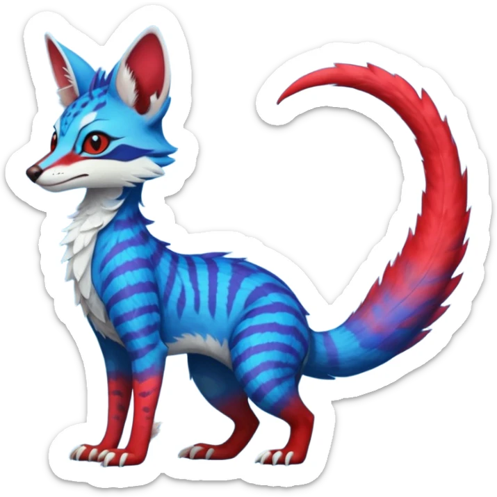Feral Rare Fantasy vibrant cyan-cobalt-blue-crimson-red-gradients-colored colorful Vernid-Sergal-Genet-Trico-species by LiLaiRa, random markings, tufted tail, tufted ears, full body sticker
