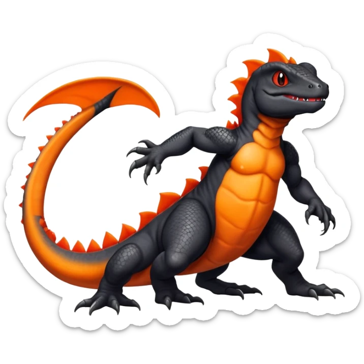 A black Salandit-Charmeleon-newt-hybrid-Fakémon-creature with orange belly sticker