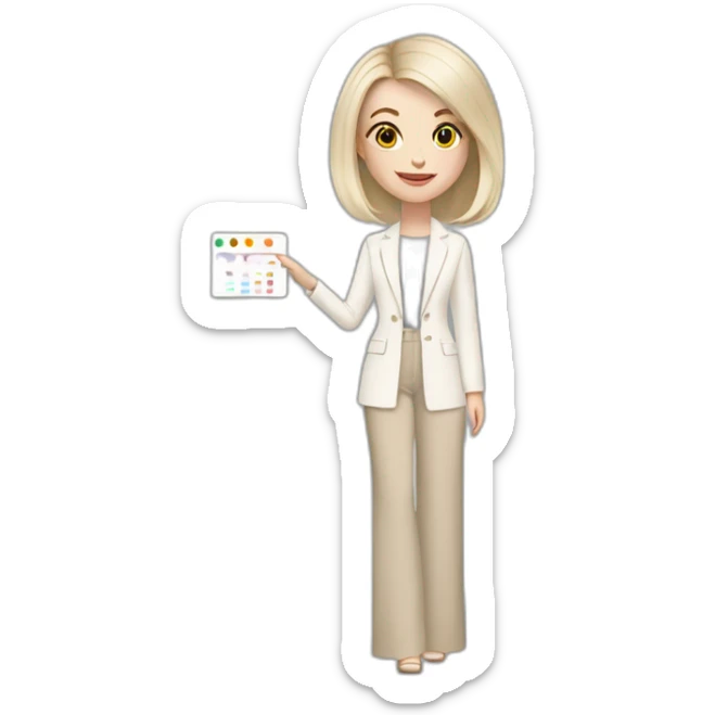 pale skin woman with ash blonde Straightened bob Hair, White Spacious classical jacket, beige palazzo Arrow pants and gray blouse holding a color palette in the hands sticker