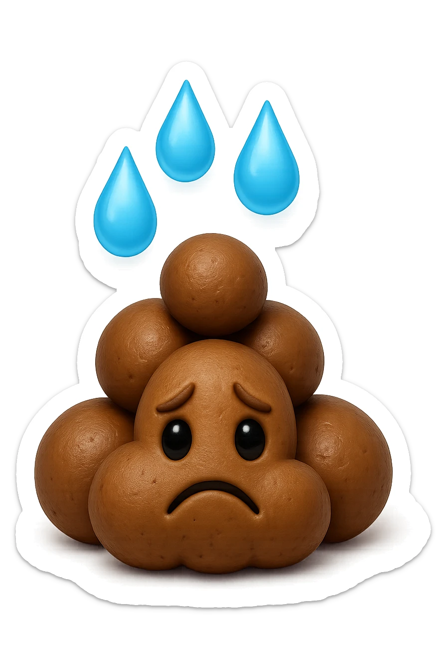 emoji stile iphone di una montagnetta di feci umane realistiche a palline tristi con sopra un simbolo delle gocce di acqua, iperrealistico 4k sticker