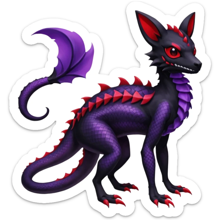 Gothic Black red purple Scaley Exotic Salandit-Umbreon-Noibat-Fakémon-hybrid-creature (full body), 4 legs, skull face mask sticker