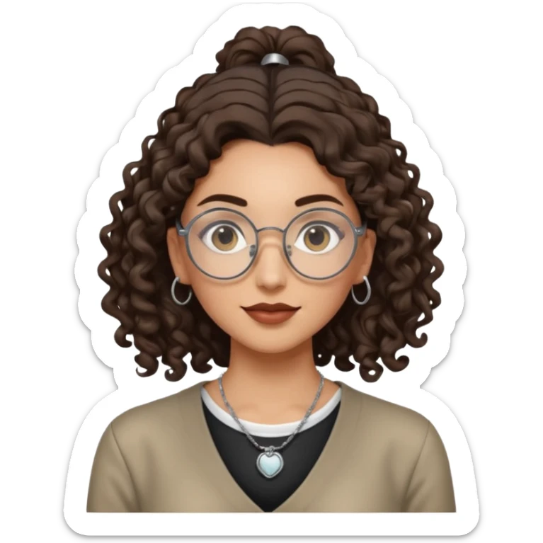 chica morena de ojos claros con gafas exagonales redondeadas. y pelo rizado castaño con todo el pelo recogido en una coleta . y un collar de plata sticker