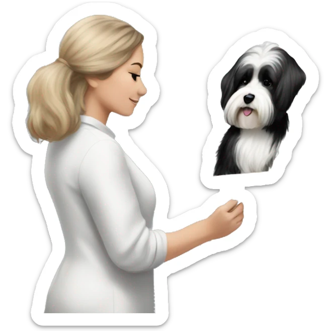 female artist painting a painting of black+white havanese on easel sticker