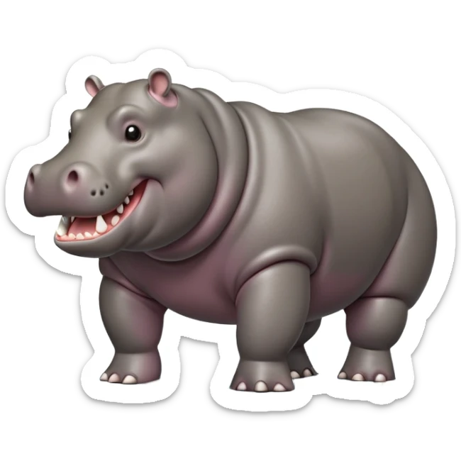 cinematic-hippo-realistic-full-body side view-standing on all fours-emoji,-massive-round-frame,-wide-mouthed-grin-exposing-huge-teeth,-head-tilted-dramatically,-thick-greyish-brown-hide-glossy-from-water,-simplified-yet-realistic-focused-features,-highly-detailed,-glowing-with-an-almost-sarcastic-glow showing only 4 theeth sticker