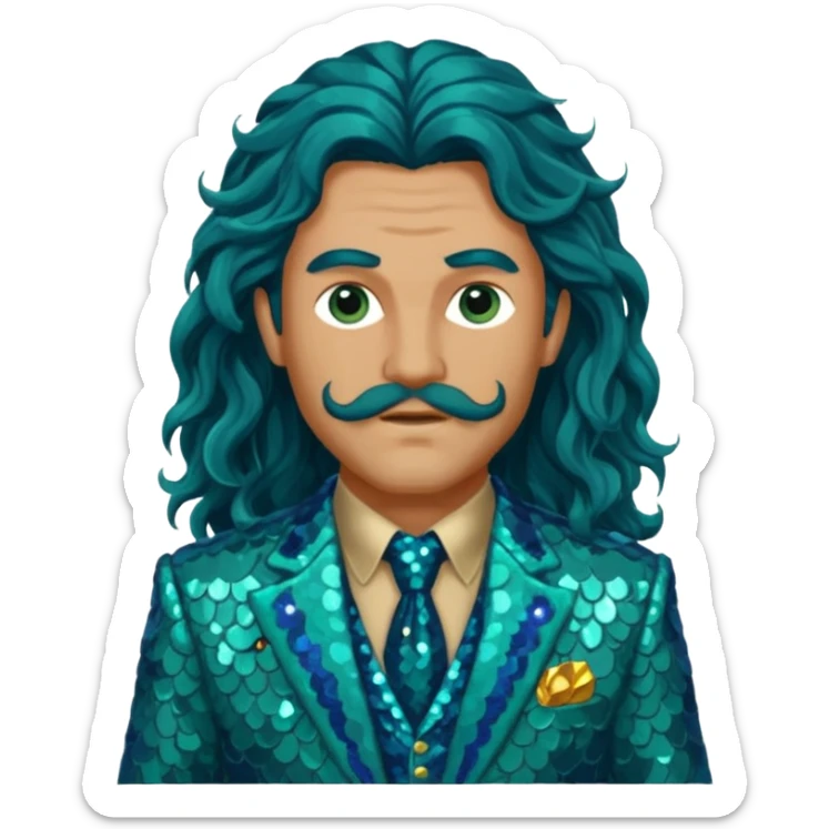 Poseidon from Greek Mythology with long dark blue wavy hair, sea green sequin suit jacket sticker