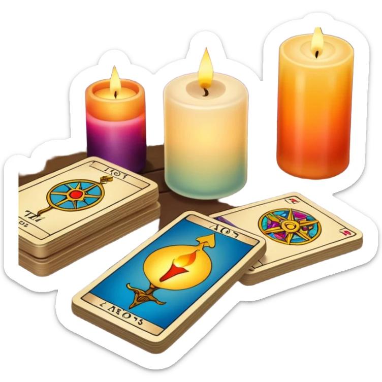 A deck of tarot cards lies on the table, and a candle stands nearby sticker