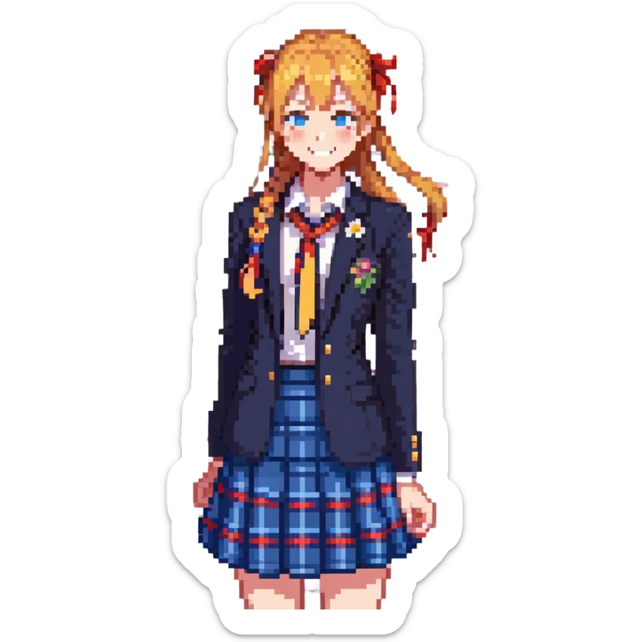 cheerful high school girl with orange side ponytail and yellow ribbon, blue eyes, navy blazer, red ribbon, blue plaid skirt, standing in a school courtyard with cherry blossoms, spring breeze, energetic smile sticker