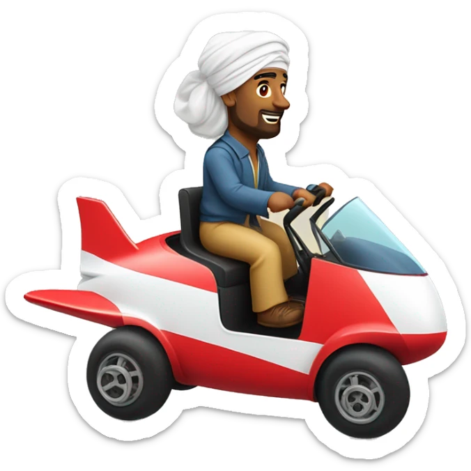 2 turban middle east man riding on top of tiny Boeing 747 like go kart sticker