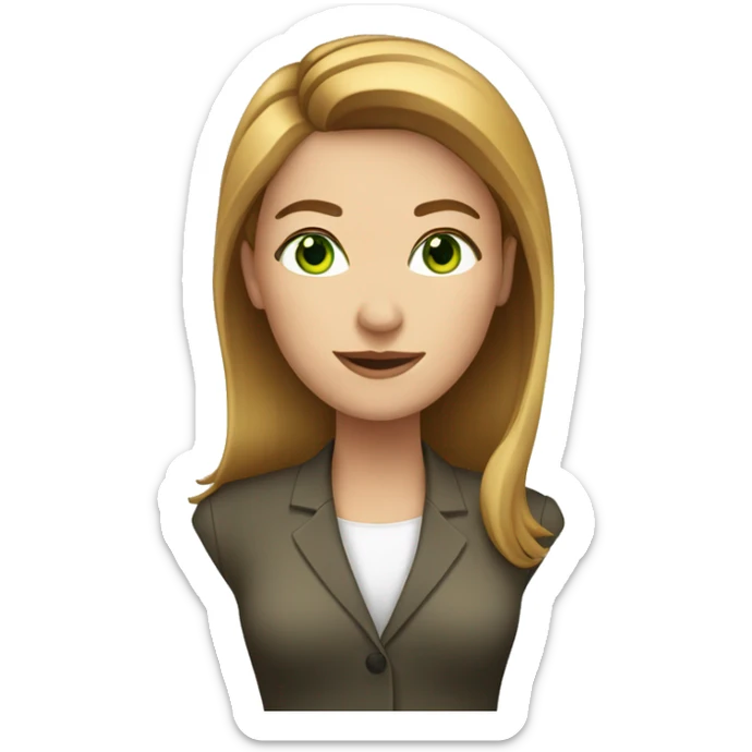 executive woman, straight golden brown hair, green eyes, heart shaped face sticker