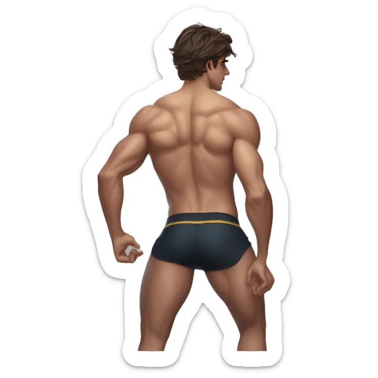 Jacob Elordi in a jock, backwards view, stretching glutes sticker