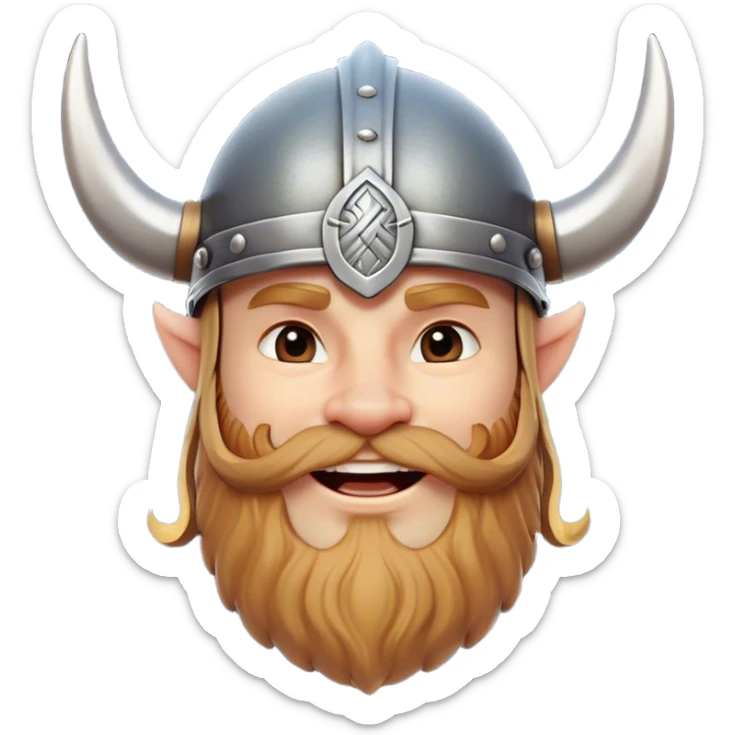 Clash of Clans aesthetic: Cinematic Playful Viking Portrait Emoji, Head tilted with a cheeky grin and twinkling eyes, featuring a compact, charming build with a modest, stylized Viking helmet and a playful beard, his face rendered in natural skin tone, Simplified yet irresistibly charming features, highly detailed, glowing with a warm, inviting radiance, high shine, spirited and lively, stylized with an air of whimsical Nordic mischief, soft glowing outline, capturing the essence of a playful Viking exuding friendly rogue charm! sticker