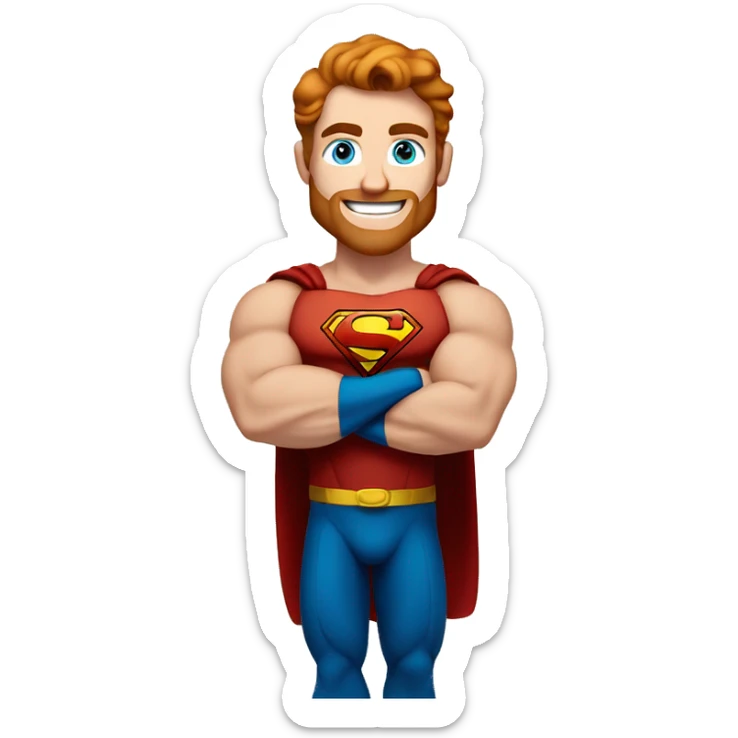 Irish superman, redish hair, blue eyes, redish brownish facial hair, muscular body, smiling sticker