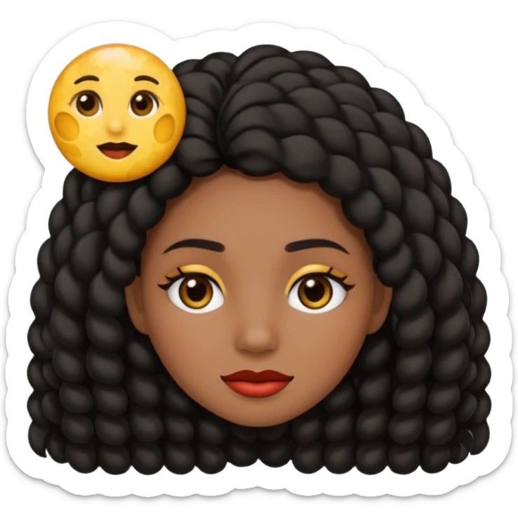 Haz un emoji de una chica de cabello largo rizado tipo 3c 3b de pelo negro su tono de piel no es ni blanca ni morena tiene un lunar en la nariz y tiene pecas en la mejilla su nariz es media redonda y sus labios medios carnosos y tiene ojos marrones oscuros y cejas media larga  sticker