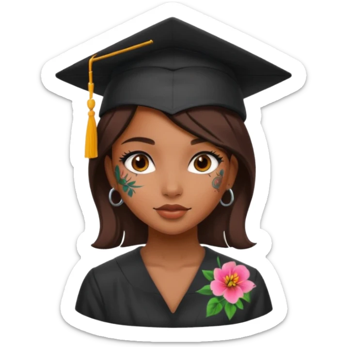 nude and sexy brown skin girl, floral colorful tattoes, in student cap, graduating sticker