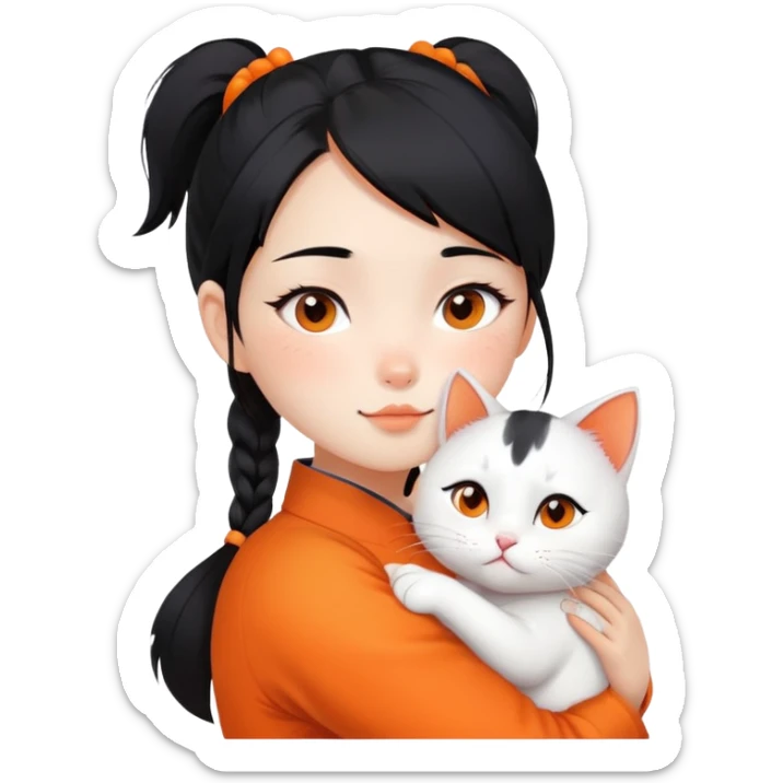 East Asian girl with high ponytail black hair hugging a predominantly white cat with orange patches, sweet and gentle, cute facial expressions sticker