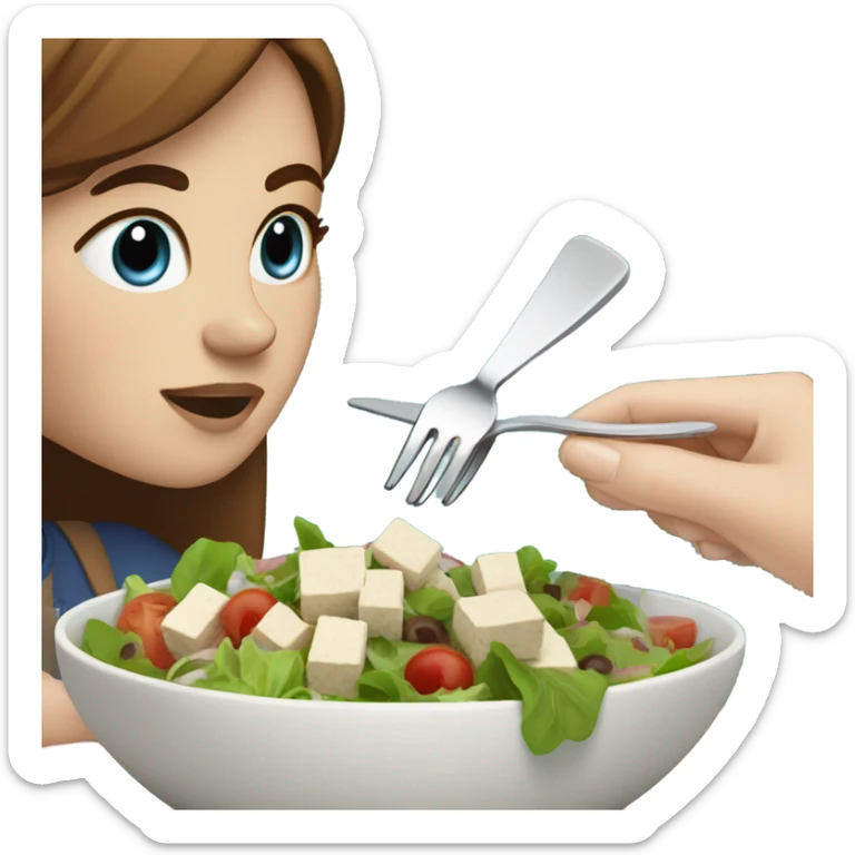 White girl with freackles Brown hair blue eyes eating Tofu salad with fork sticker