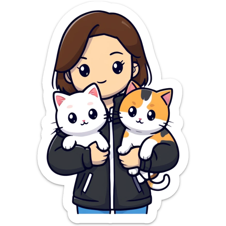 Light-skinned girl with brown straight hair wearing a black jacket, along with one pure white cat and one calico cat sticker