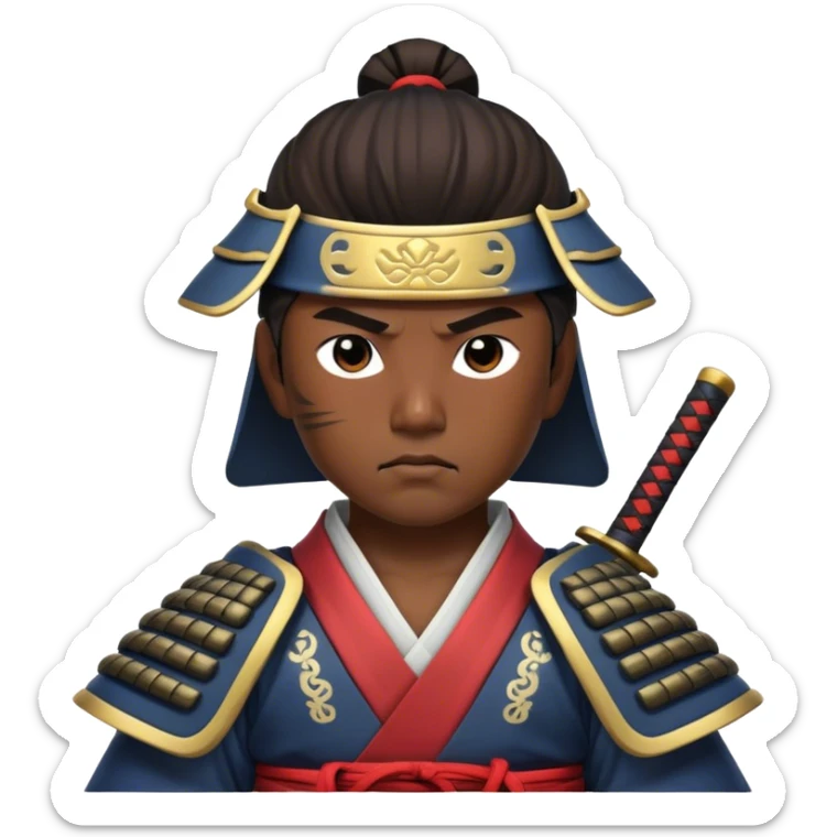 Cinematic Realistic Samurai Pop Culture Emoji, depicted with a noble, stoic portrayal of a samurai warrior rendered with crisp detail and dramatic, traditional lighting. sticker