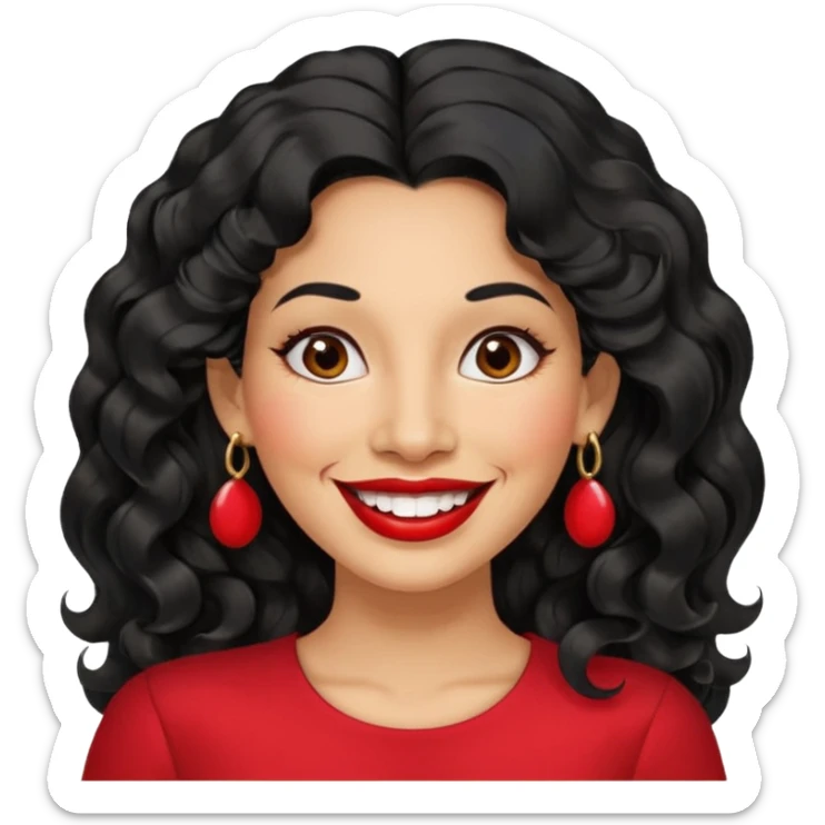 40 yr old peruvian woman, wavy/curly long black hair, red lipstick, big smile, white teeth, brown eyes, hoop earings, side part to hair, round face sticker