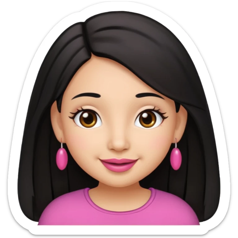 Gordita, ojos pequeños de color cafe oscuro, labios pequeños y rosados, piel trigueña, orejas pequeñas, cabello largo lazio y negro. sticker