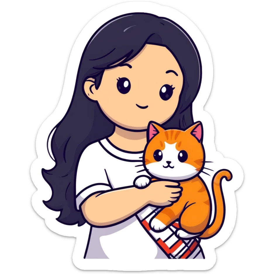 beautiful girl with elegant long black hair holding a cute ginger cat sticker