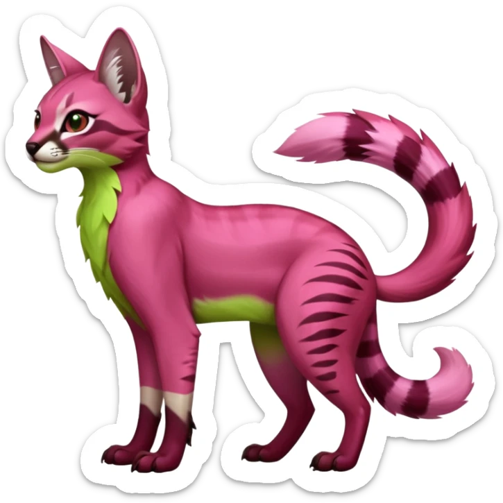 Colorful dark pink lime-green tropical exotic cute cool beautiful shiny beautiful fantasy-caracal-civet-genet-sergal-vernid-serval-Gryphon-Cacomistle-Trico-oncilla-animal-Fakémon-hybrid-fursona (full body) sticker