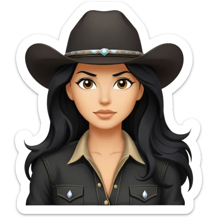 confident hot tanned woman with long black hair cowgirl style wearing black outfit with strong pose sticker