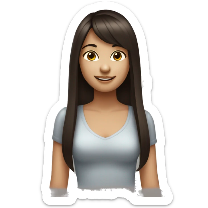 A girl with straight long hair , Dark Brown hair styled in a bang. Fair skin. Dark brown eyes. Smiling naturally. sticker