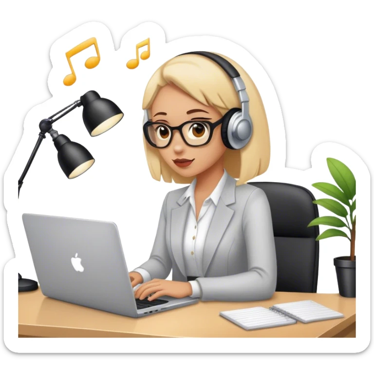 a woman in an office working with laptop listening to music sticker