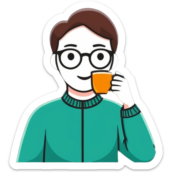 cartoon style emoji of a person with glasses sipping tea, cozy vibe sticker