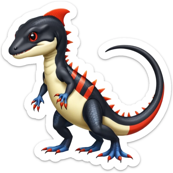Black and white Orca-reptile-reptilian-lizard-skink-gecko-Digimon-Fakémon-hybrid full body, two legs, two arms, claws, tail, with red stripe sticker