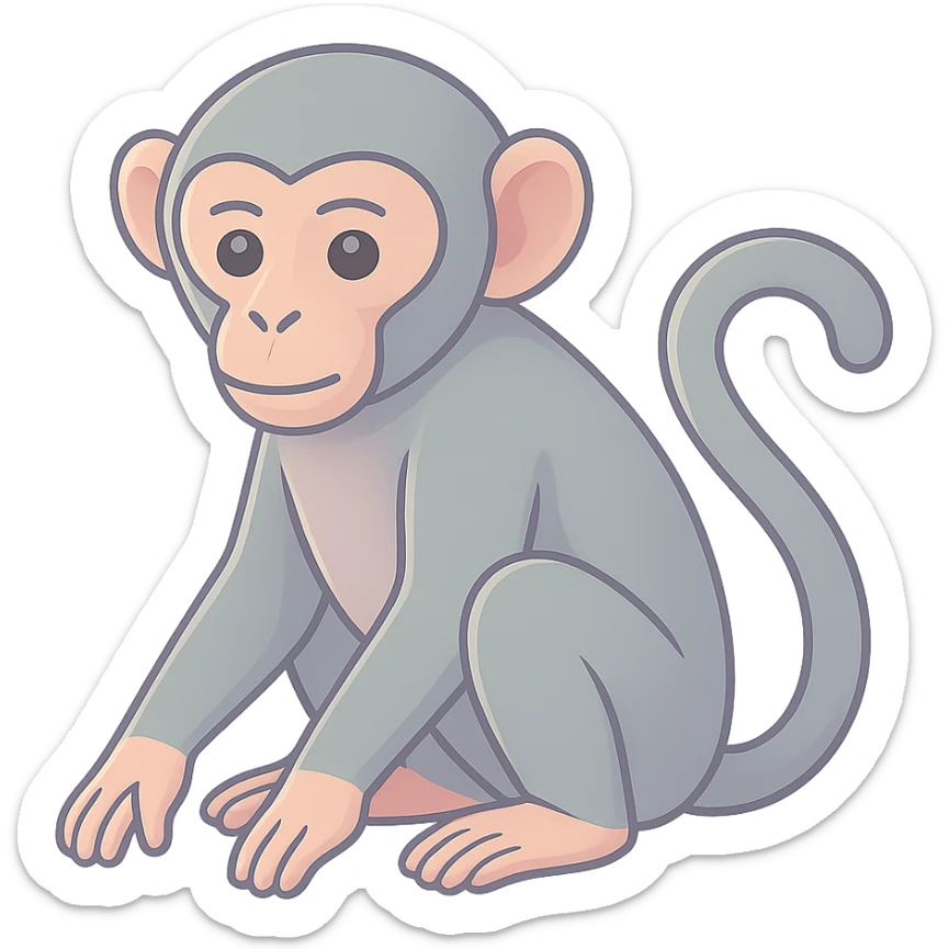 Edit the image to depict a monkey as the symbol of the year in Feng Shui, Chinese Eastern style. Use thin clean contours, soft rounded shapes, and a pastel palette with colors #98B5BC, #B5B3C1, #C9A3C9, #E4C0CA, #F7DCD1, #F7C0AA. Include detailed shadows and highlights with soft lighting. The background should be transparent. The style should be less cute, without decorative elements. The silhouette and appearance should match the reference. sticker